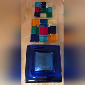 3pc Vintage Blenko Pressed Glass Multicolor Candle Holders, Trinket Dish, Astray